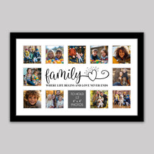 Load image into Gallery viewer, Multi Photo Picture Frame Holds 12 4&quot; x 4&quot; Photos in a Black Wood Frame | Family, where life begins and love never ends. - Multi Photo Frames
