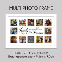 Load image into Gallery viewer, Multi Photo Picture Frame Holds 12 4&quot; x 4&quot; Photos in a White Wood Frame | Family, the heart of so many memories - Multi Photo Frames
