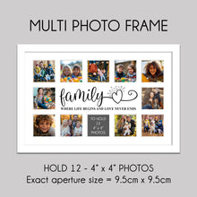 Load image into Gallery viewer, Multi Photo Picture Frame Holds 12 4&quot; x 4&quot; Photos in a White Wood Frame | Family, where life begins and love never ends. - Multi Photo Frames
