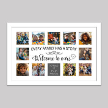 Load image into Gallery viewer, Multi Photo Picture Frame | Holds 12 4&quot; x 4&quot; Square Photos in a White Wood Frame | Every Family has a Story, Welcome to Ours - Multi Photo Frames
