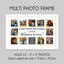 Load image into Gallery viewer, Multi Photo Picture Frame | Holds 12 4&quot; x 4&quot; Square Photos in a White Wood Frame | Every Family has a Story, Welcome to Ours - Multi Photo Frames
